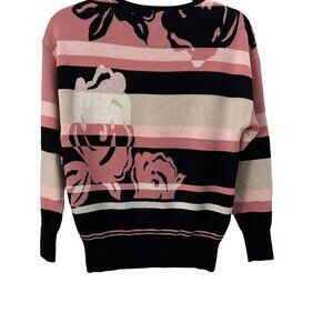 Alfani PS Graphic Floral Striped Intarsia Sweater Knit Black Pink Beige Retro 90